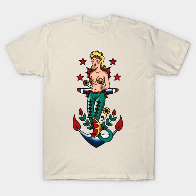 American Traditional Nautical Mermaid and Anchor T-Shirt by OldSalt